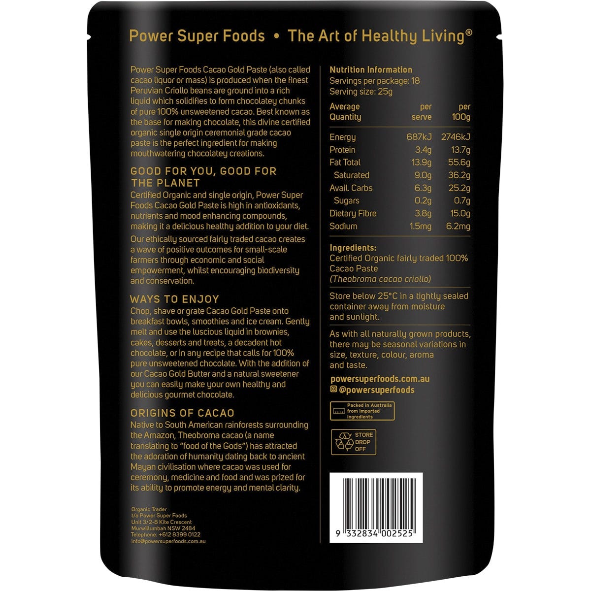 Power Super Foods 450g bag of organic cacao gold paste chunks on a white background.