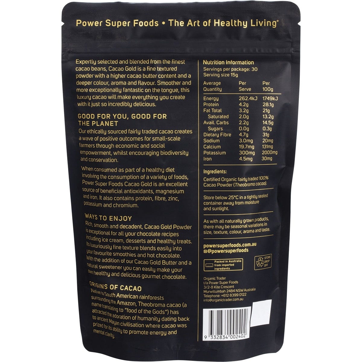 Back of 225g Power Super Foods Cacao Gold Powder bag with nutrition facts, ingredients, and organic certification details.