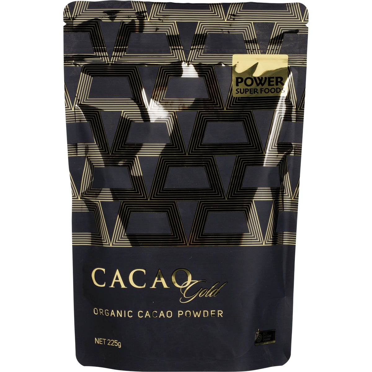 225g bag of Power Super Foods Cacao Gold Powder featuring a golden bean design on a black and gold organic certified label.