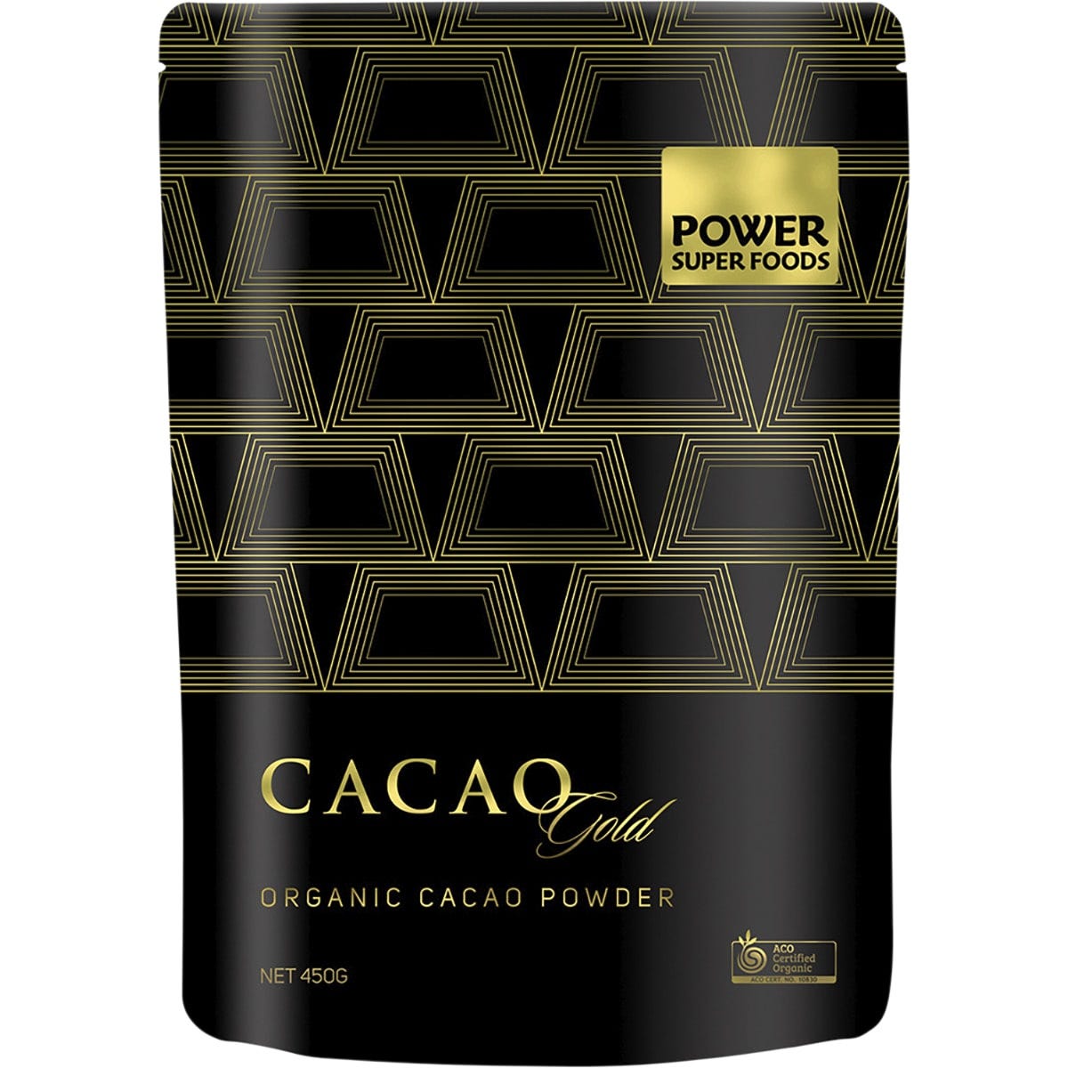 Power Super Foods Cacao Gold Powder 450g bag of certified organic, luxury cacao powder.