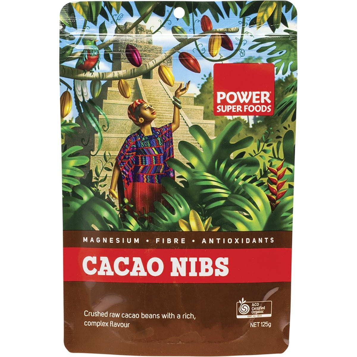 125g bag of Power Super Foods Cacao Nibs Raw Certified Organic with a dark chocolate brown and gold label.