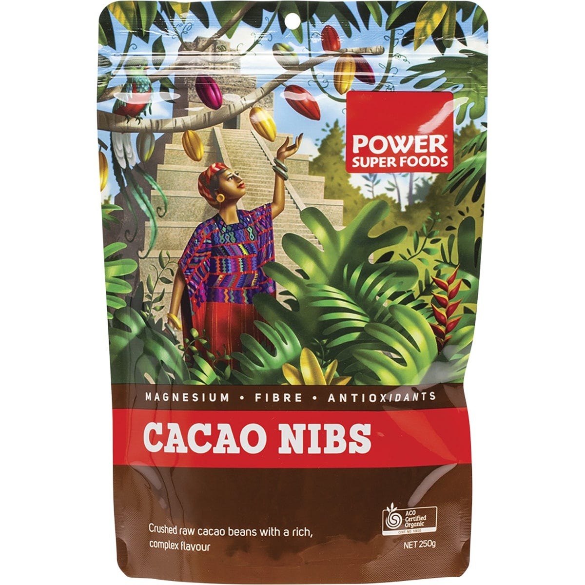 250g bag of Power Super Foods Raw Organic Cacao Nibs featuring a purple and brown label with a cacao pod illustration.