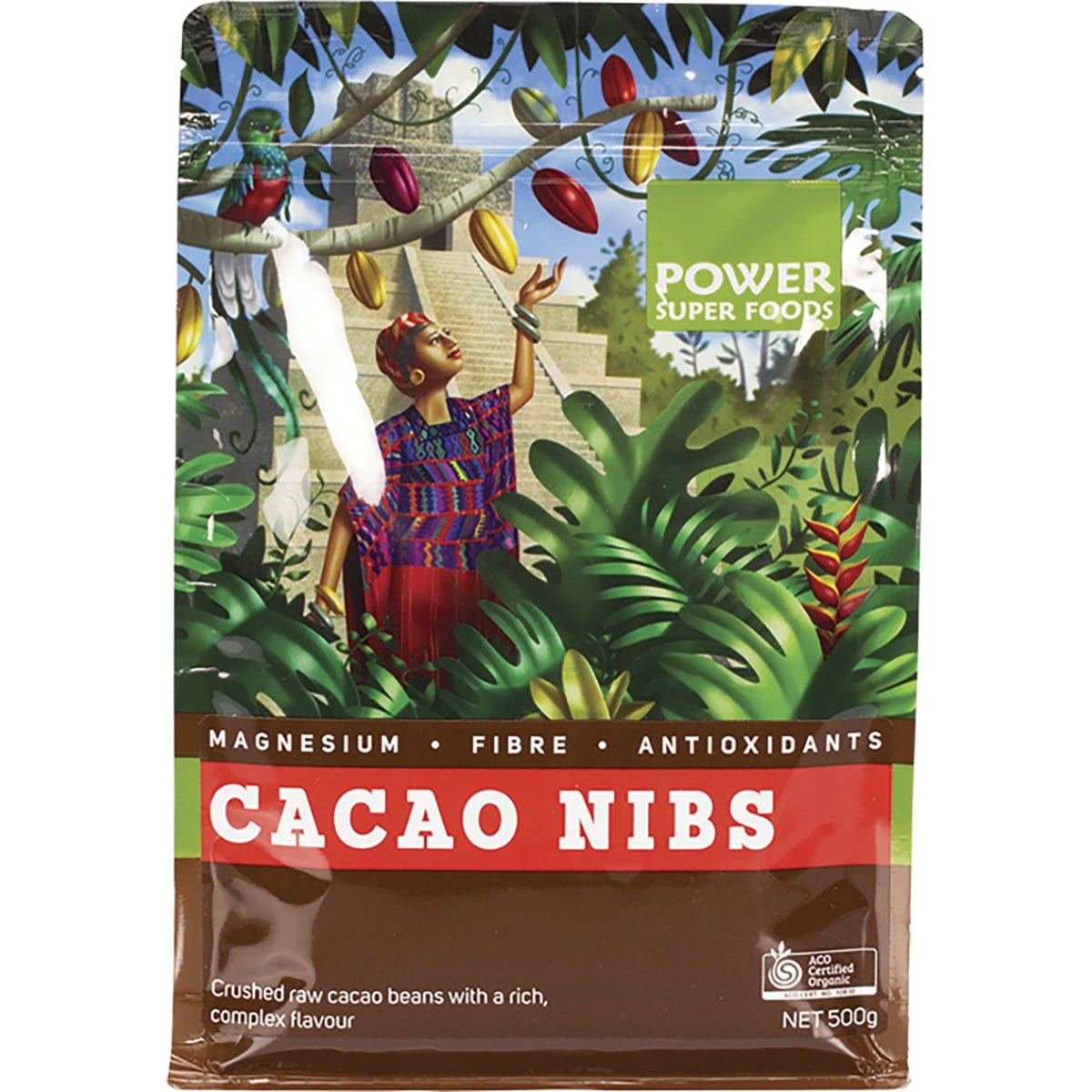 500g bag of Power Super Foods Raw Cacao Nibs, certified organic and fairly traded, on a white background.
