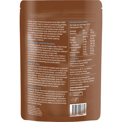 Power Super Foods Cacao Paste Buttons Ceremonial Grade Certified Organic 250g Payless 4 Organics