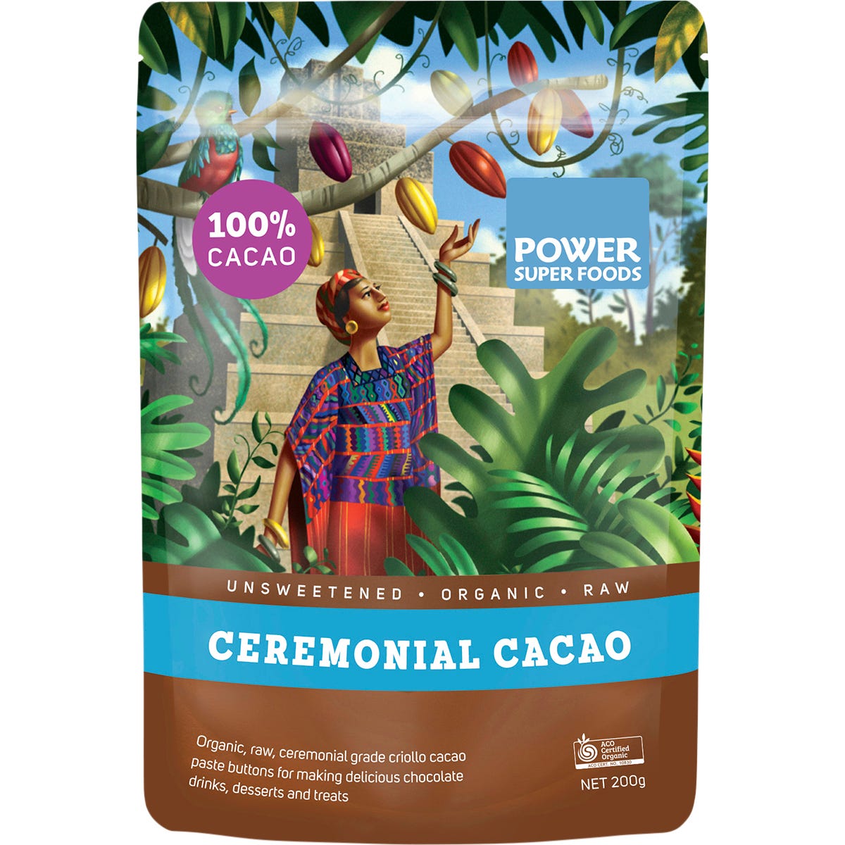 250g bag of Power Super Foods Cacao Paste Buttons with ceremonial grade and certified organic labels.
