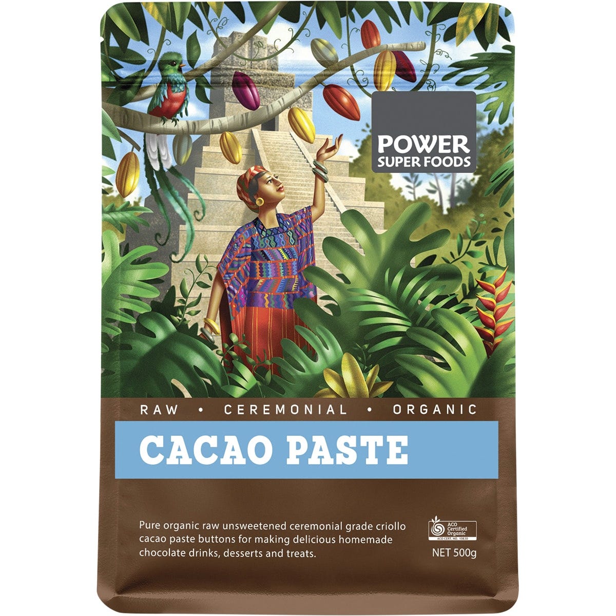 500g bag of Power Super Foods Ceremonial Grade Cacao Paste Buttons on a white background.