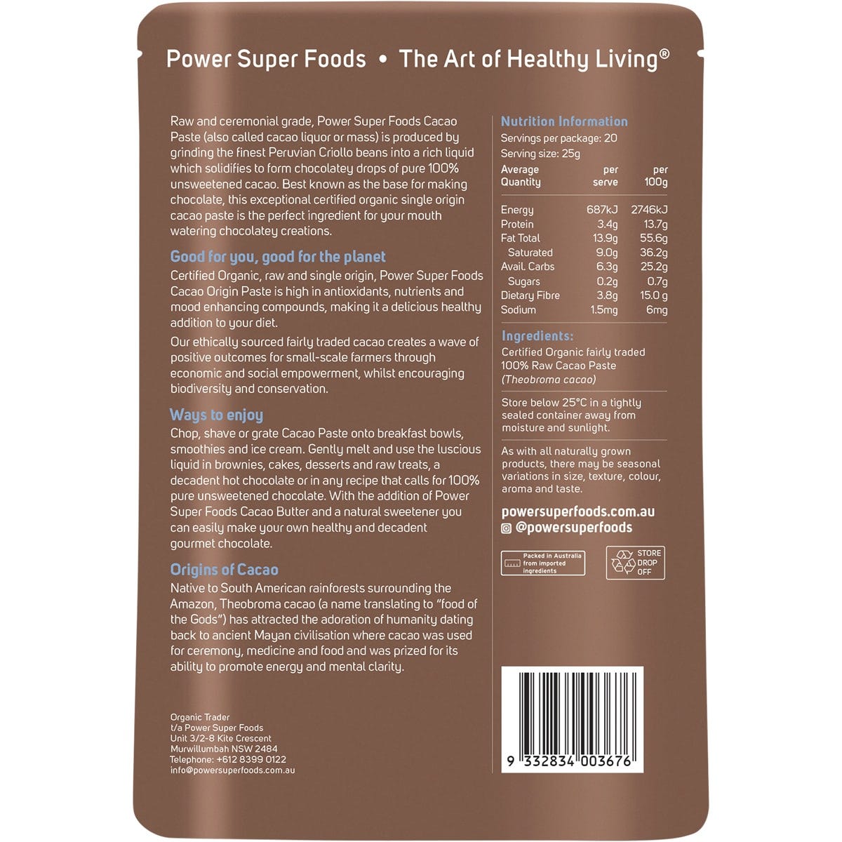 Power Super Foods 500g bag of ceremonial grade organic cacao paste buttons on a white background.