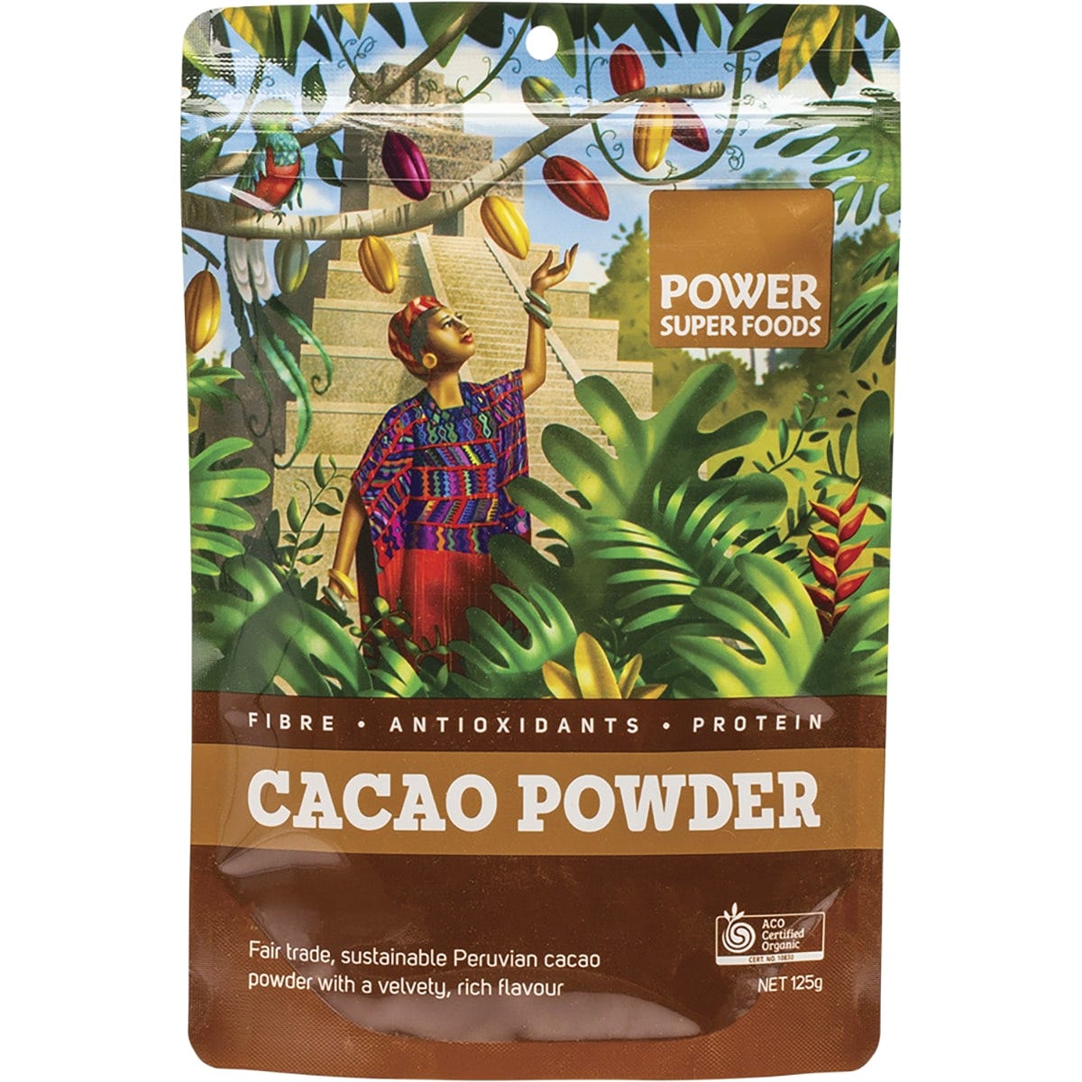 125g bag of Power Super Foods Certified Organic Cacao Powder with a brown and orange label on a white background.
