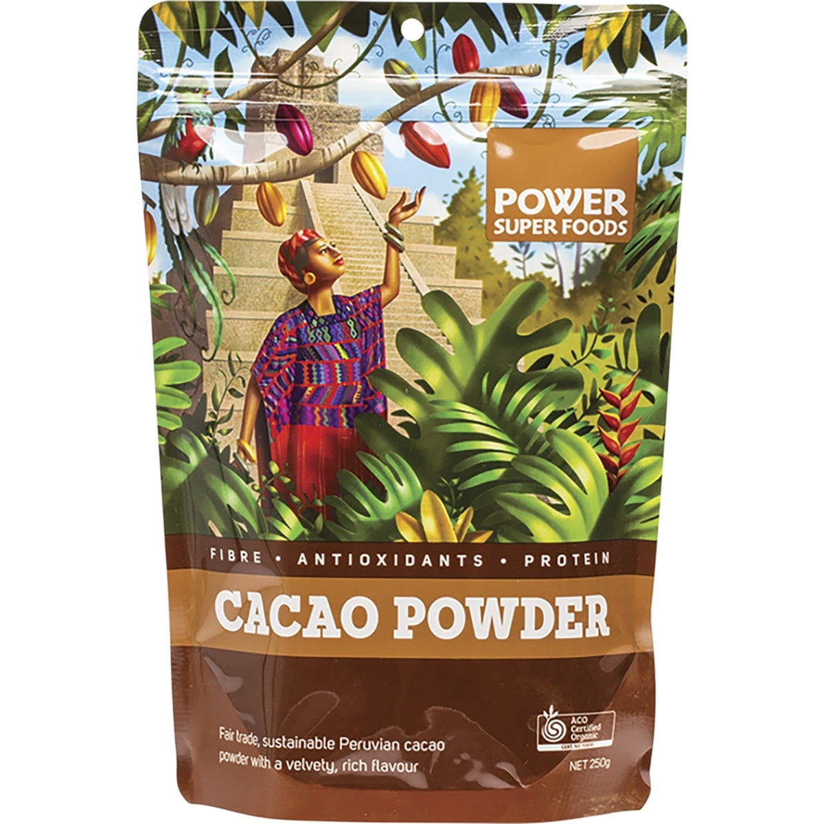 250g bag of Power Super Foods Certified Organic Cacao Powder with a brown and orange label on a white background.