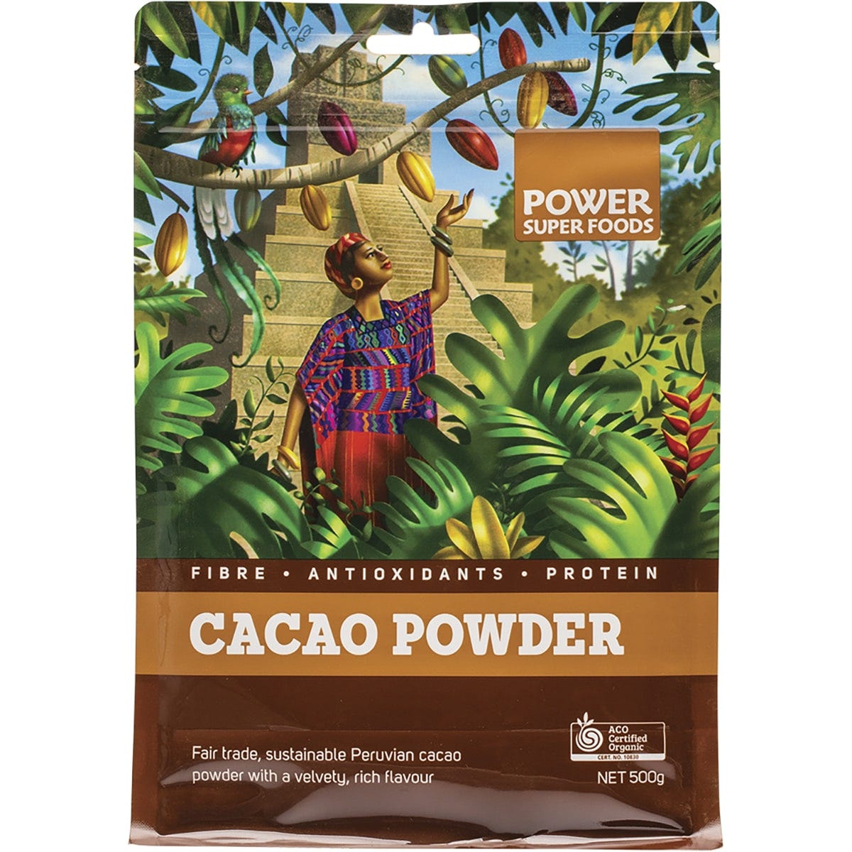 500g bag of Power Super Foods Certified Organic Cacao Powder featuring a brown label with botanical illustrations.