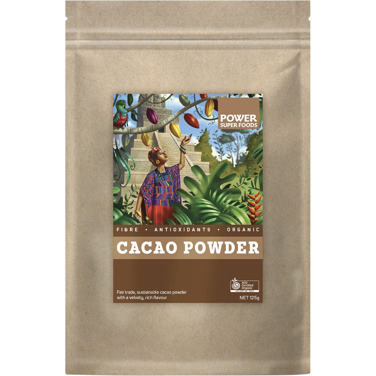 125g kraft bag of Power Super Foods Certified Organic Cacao Powder on a white background.