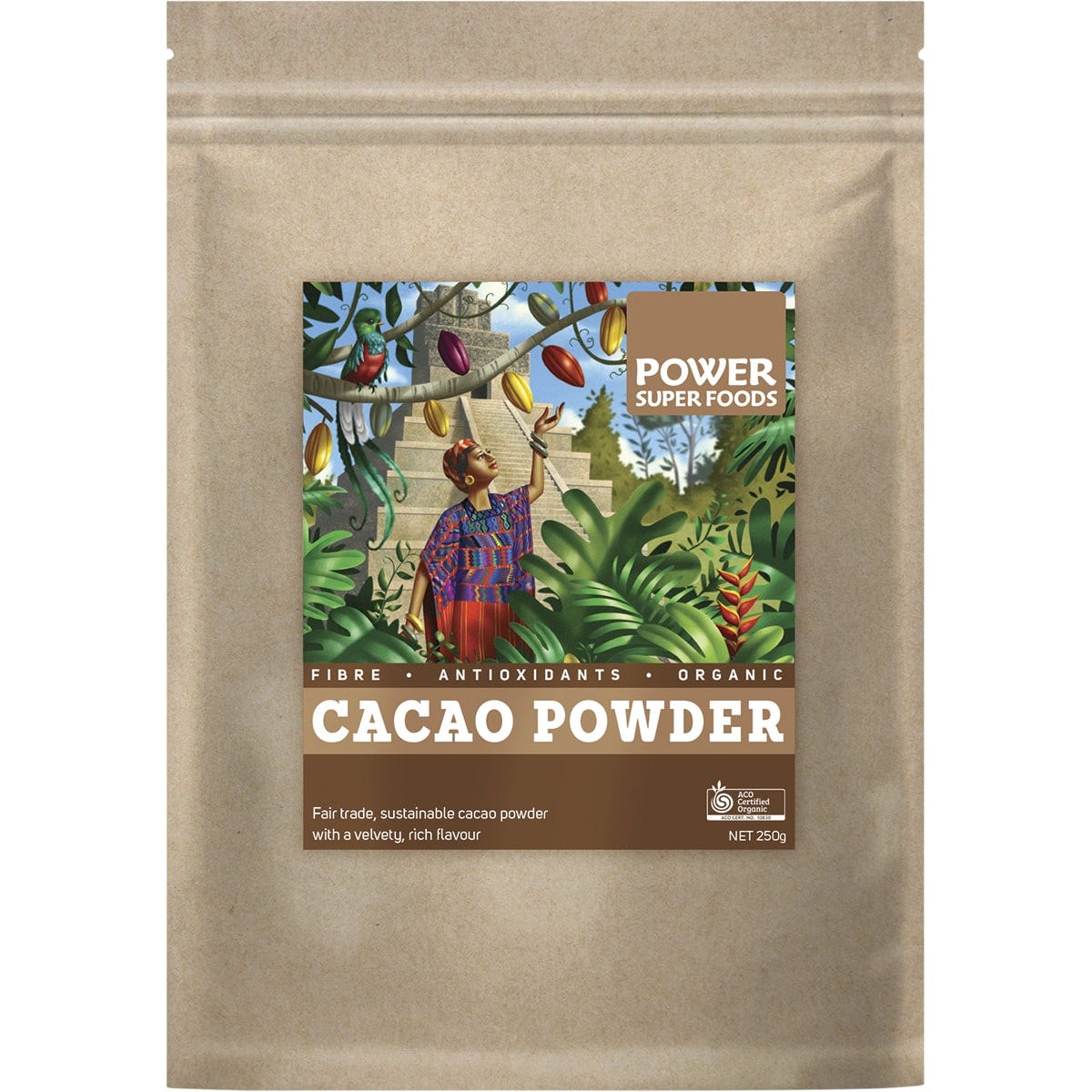 Power Super Foods 250g certified organic cacao powder in a brown kraft bag with a botanical illustration.