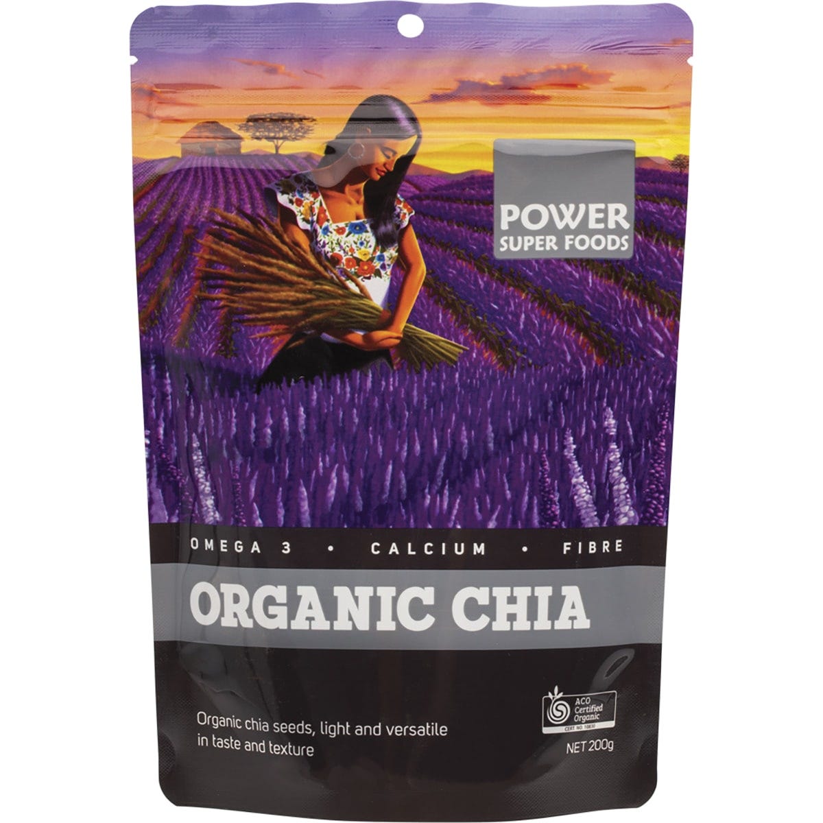 200g bag of Power Super Foods Certified Organic Chia Seeds.