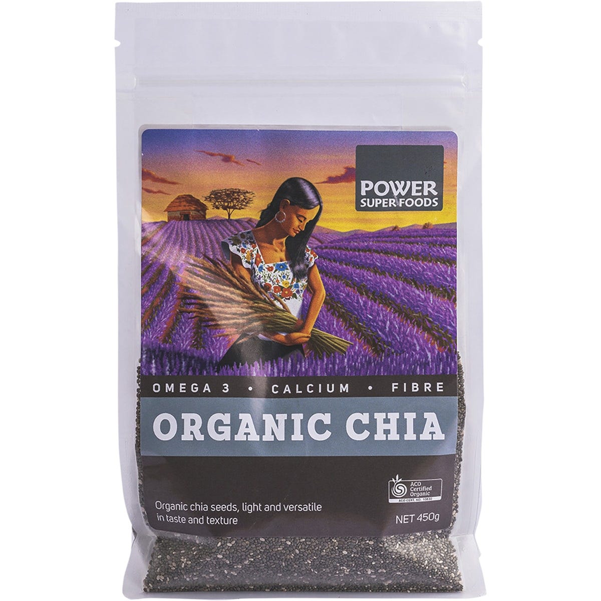 450g bag of Power Super Foods Certified Organic Black Chia Seeds.