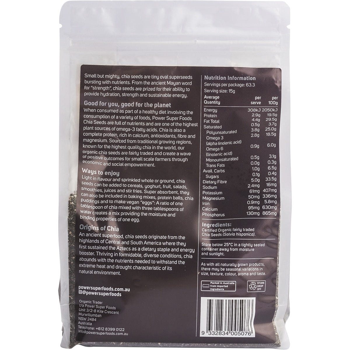 Back of 950g Power Super Foods Organic Chia Seeds bag showing nutritional facts and product details.