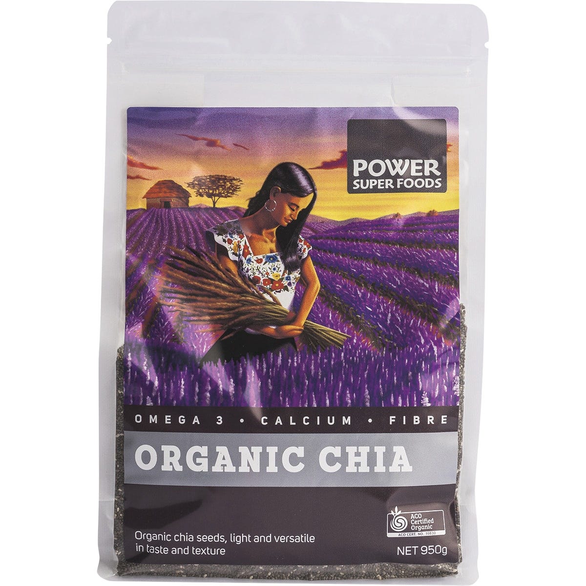 950g bag of Power Super Foods Certified Organic Chia Seeds on a white background.