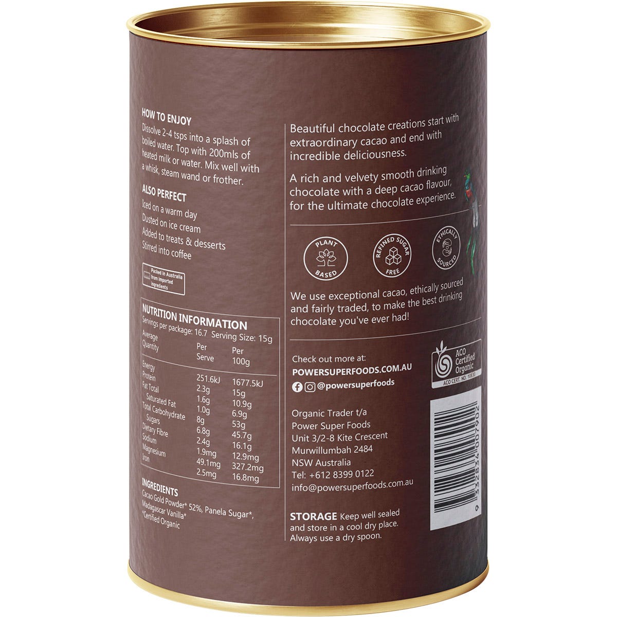 Power Super Foods 250g bag of Dark Drinking Chocolate with cacao and vanilla beans on a white background.