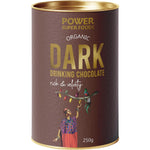250g bag of Power Super Foods Dark Drinking Chocolate with cacao and vanilla on a white background.