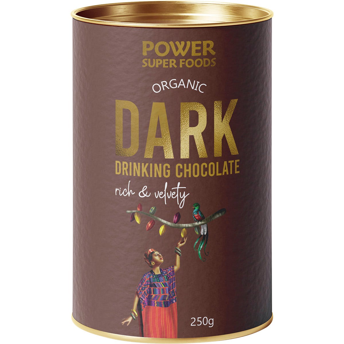 250g bag of Power Super Foods Dark Drinking Chocolate with cacao and vanilla on a white background.