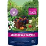 60g pouch of Power Super Foods Certified Organic Elderberry Powder with dark purple berries on the label.
