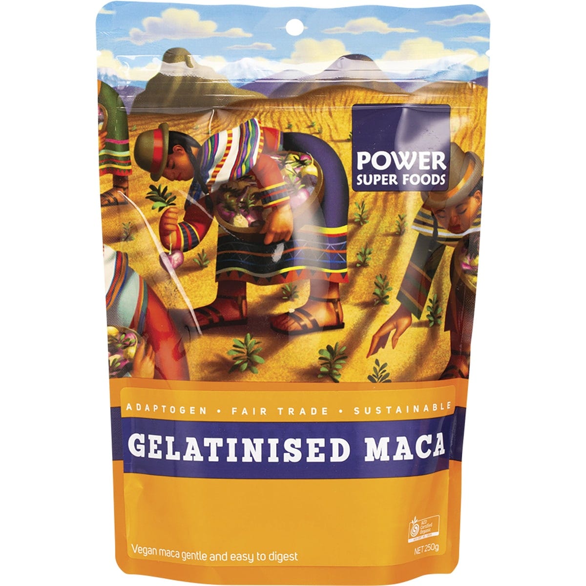 250g bag of Power Super Foods Gelatinised Maca Powder featuring a yellow and brown label with botanical illustrations.
