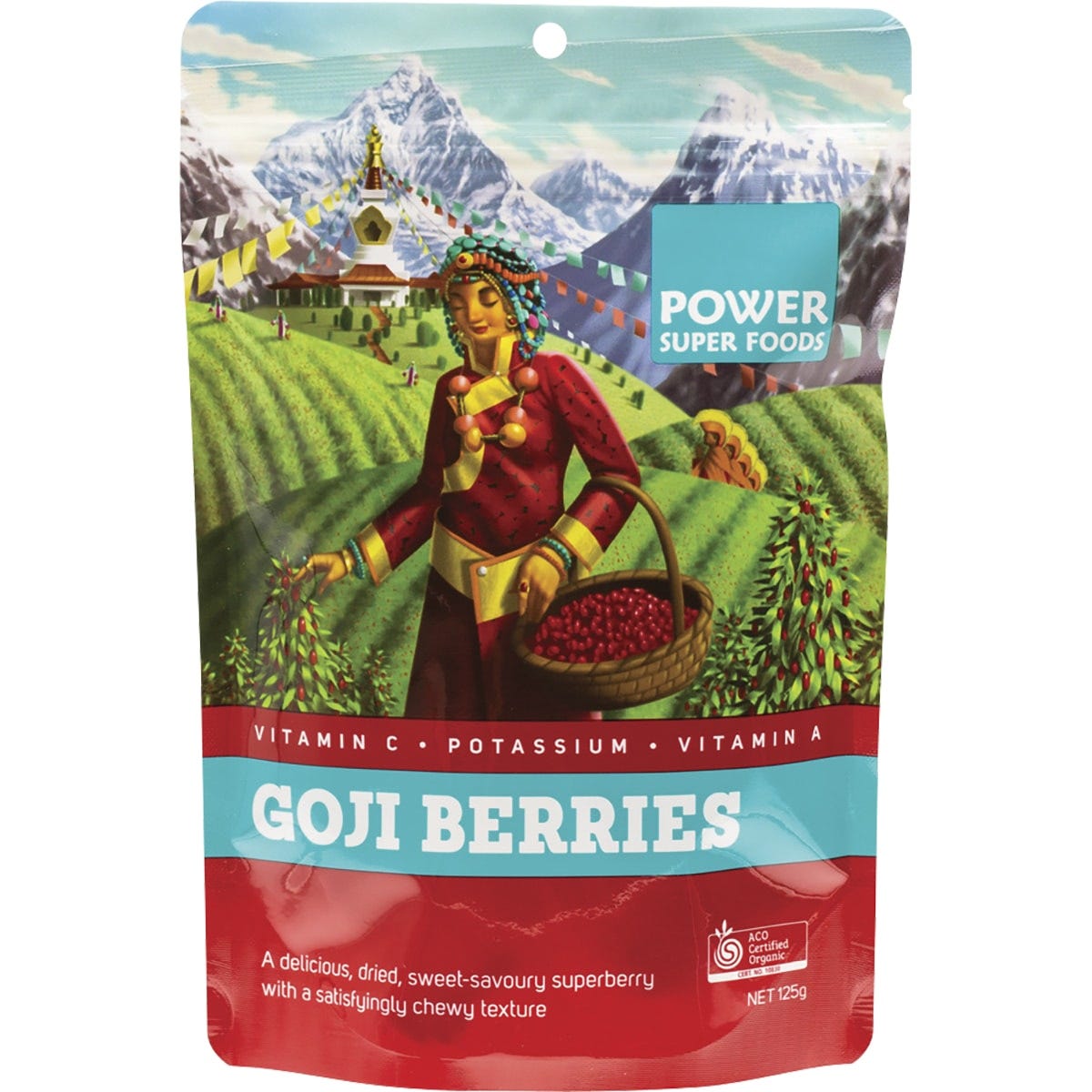 125g bag of Power Super Foods Certified Organic Goji Berries on a white background.