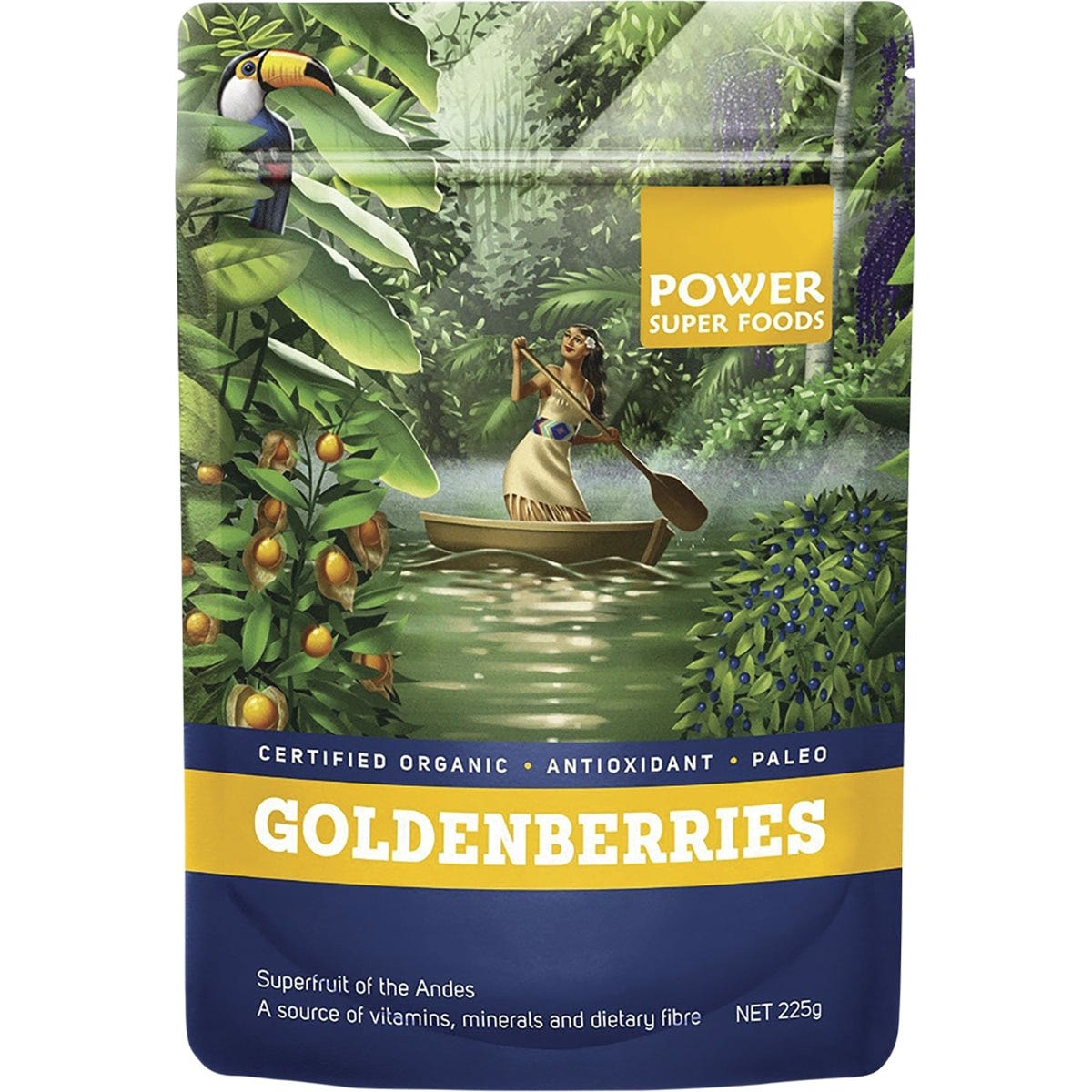 Power Super Foods 225g bag of certified organic dried goldenberries, a tart and tangy Peruvian super berry.