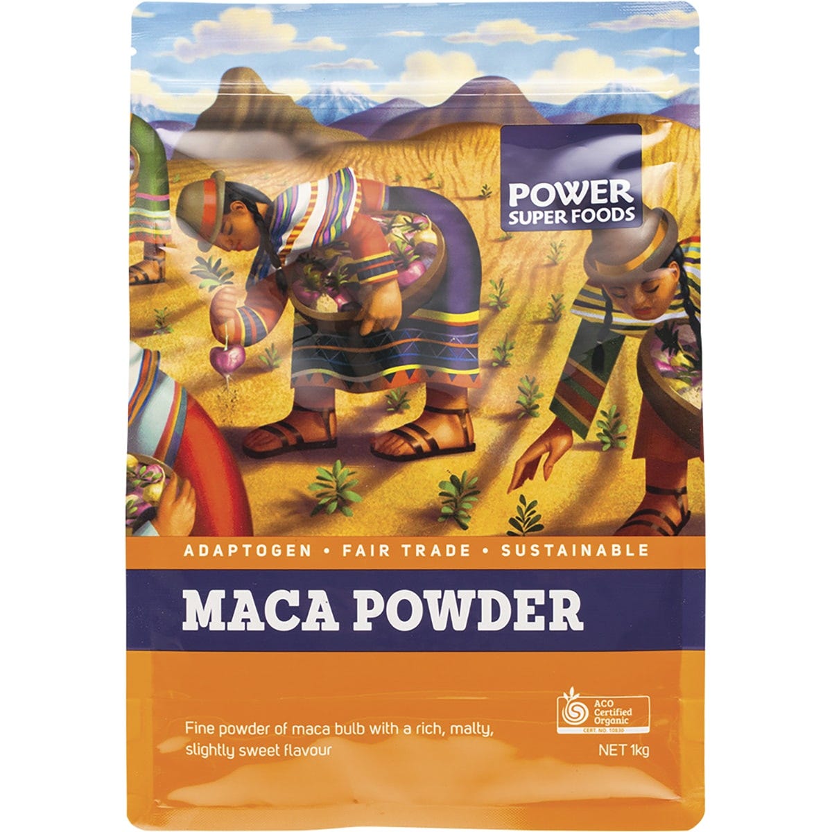 1kg bag of Power Super Foods Certified Organic Maca Powder with botanical illustrations on a white background.