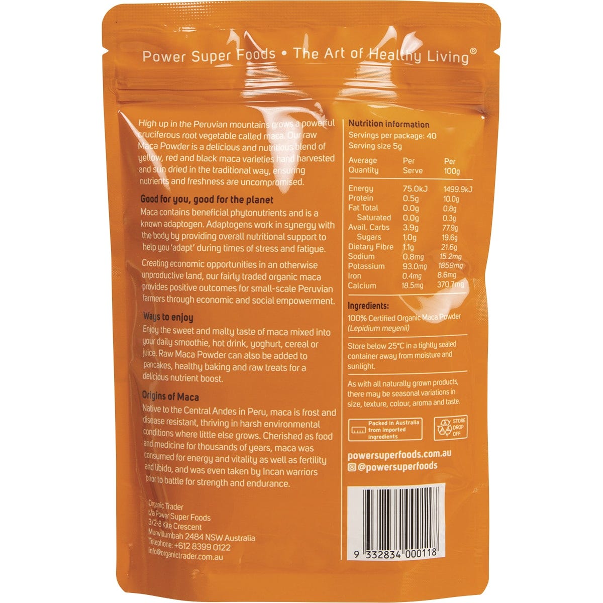 250g bag of Power Super Foods Certified Organic Maca Powder shown on a plain white background.