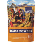 250g bag of Power Super Foods Certified Organic Maca Powder featuring a heart-shaped root illustration.