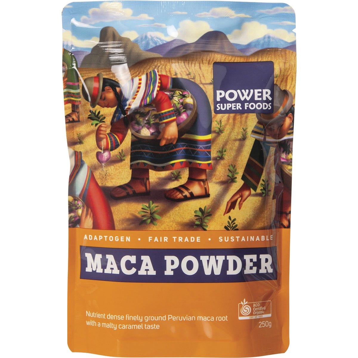 250g bag of Power Super Foods Certified Organic Maca Powder featuring a heart-shaped root illustration.