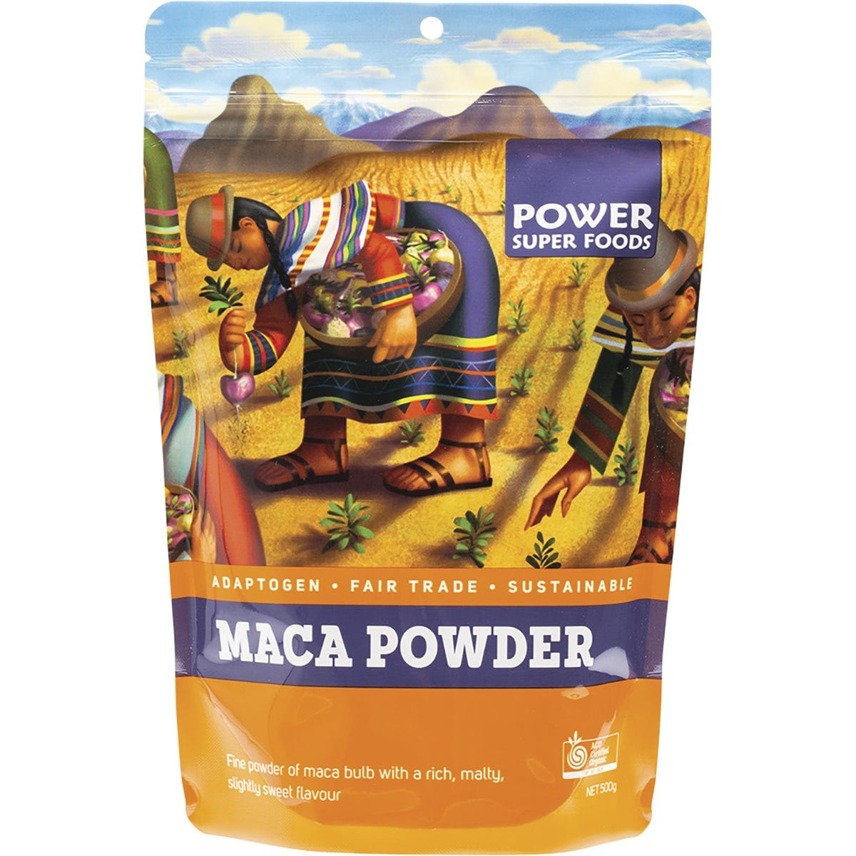 500g tub of Power Super Foods Certified Organic Maca Powder featuring a yellow label on a white background.