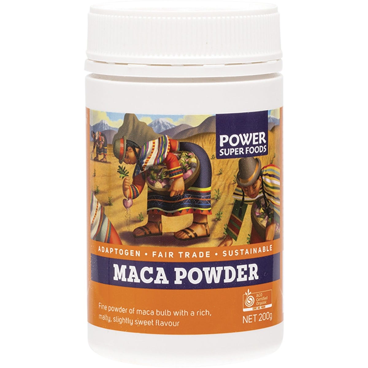 200g tub of Power Super Foods Certified Organic Maca Powder featuring a yellow label with botanical illustrations.