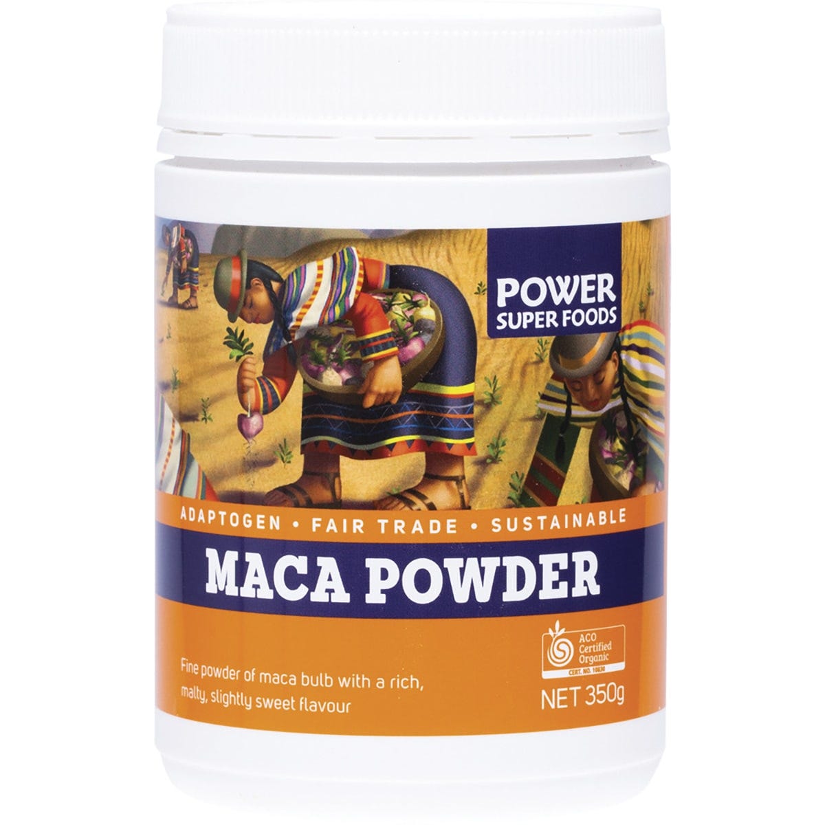 350g tub of Power Super Foods Certified Organic Maca Powder with a black lid and yellow and black label.