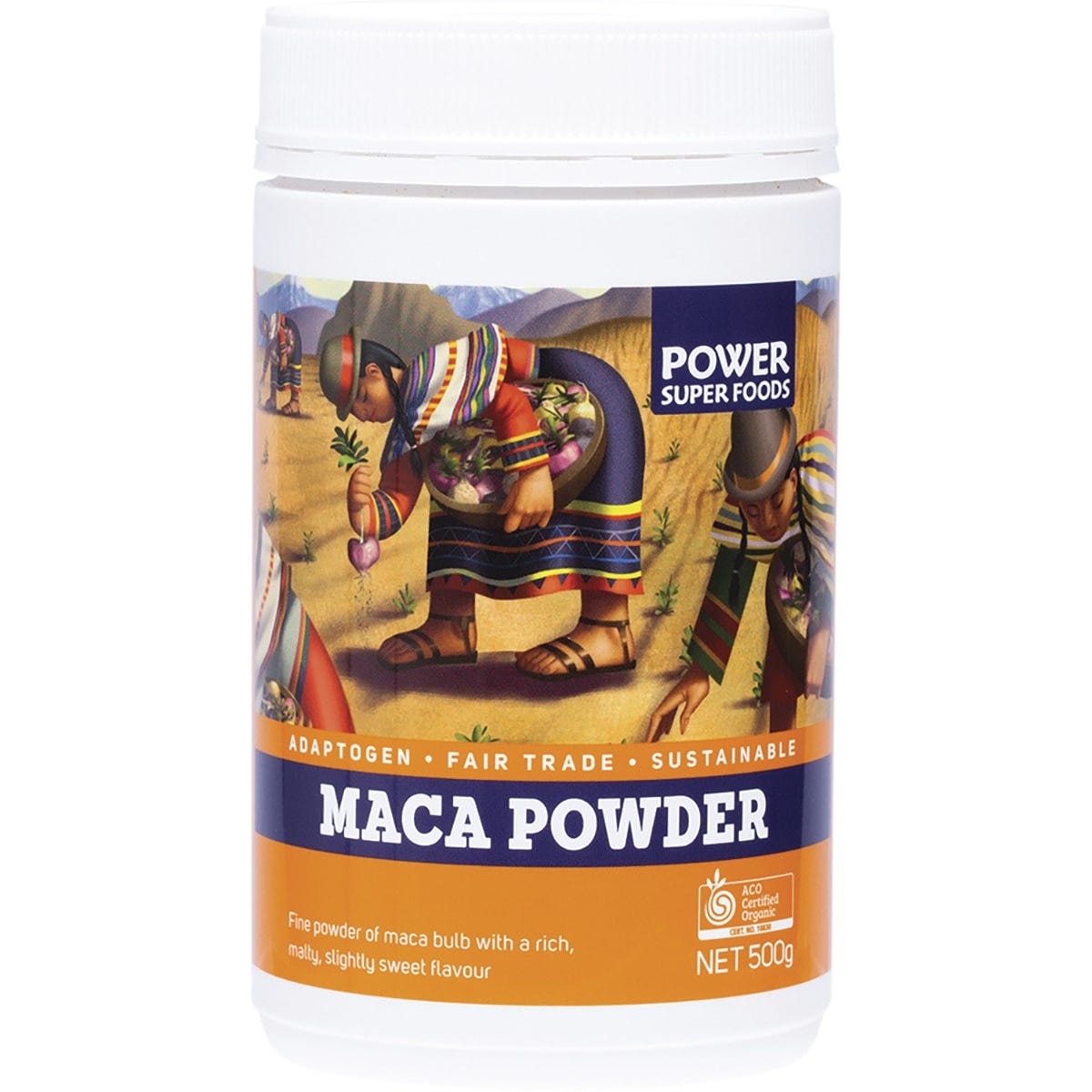 500g tub of Power Super Foods Certified Organic Maca Powder on a white background with a gold and brown label.