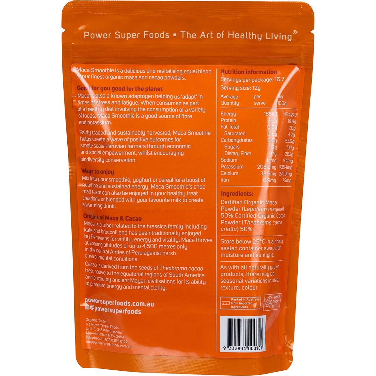Power Super Foods organic 200g Maca Smoothie pouch with maca and cacao on a white background.