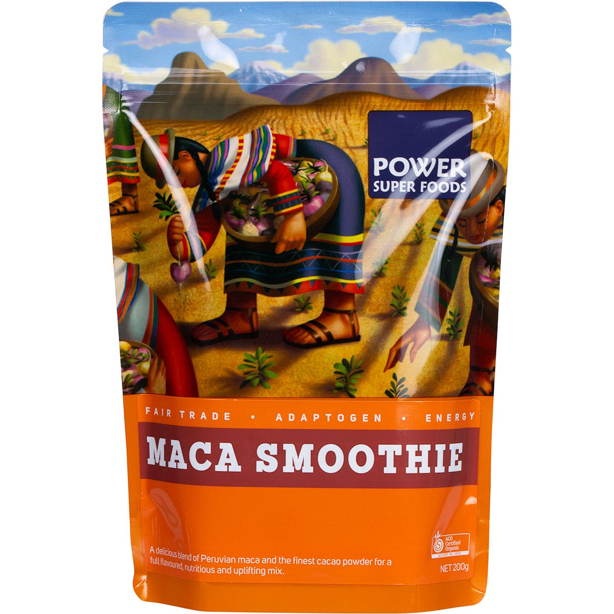 200g pouch of Power Super Foods Maca Smoothie with Maca and Cacao on a white background.