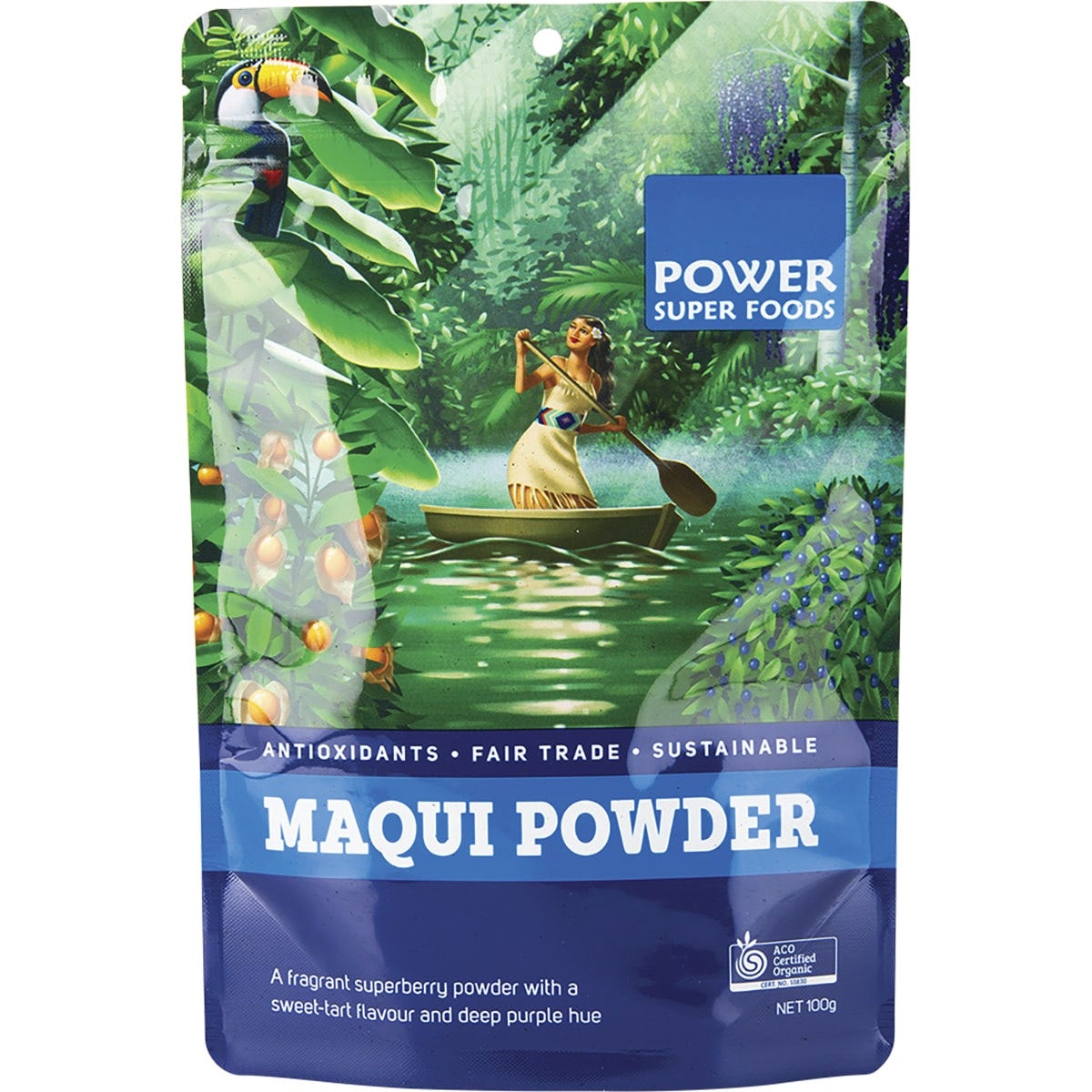 100g bag of Power Super Foods Certified Organic Maqui Powder, a deep purple antioxidant-rich superfruit.