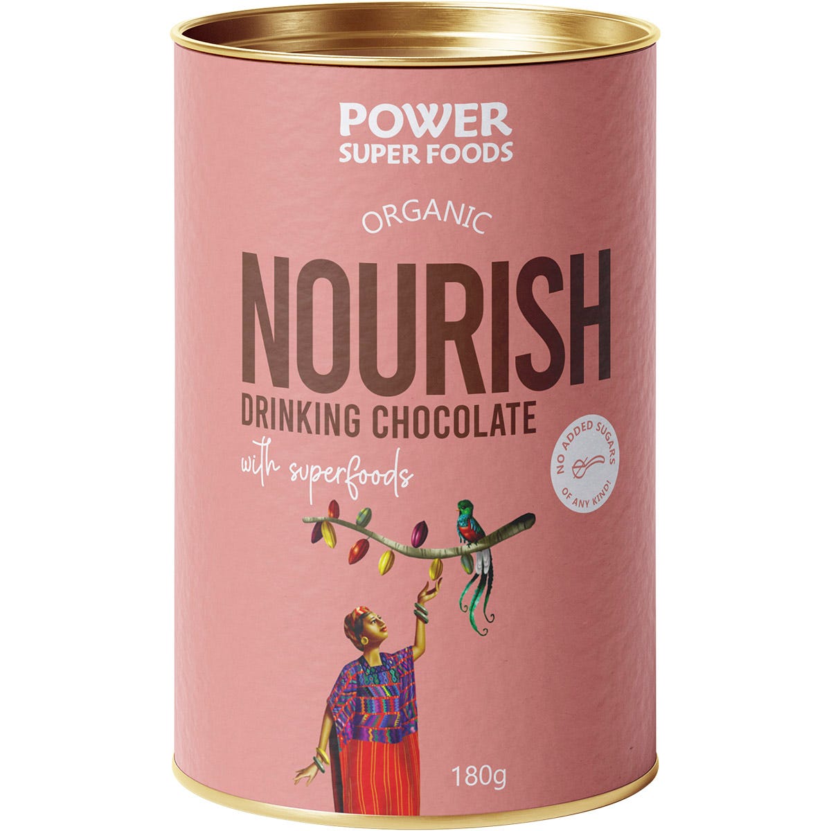 180g tub of Power Super Foods Nourish Drinking Chocolate with organic cacao and superfoods.
