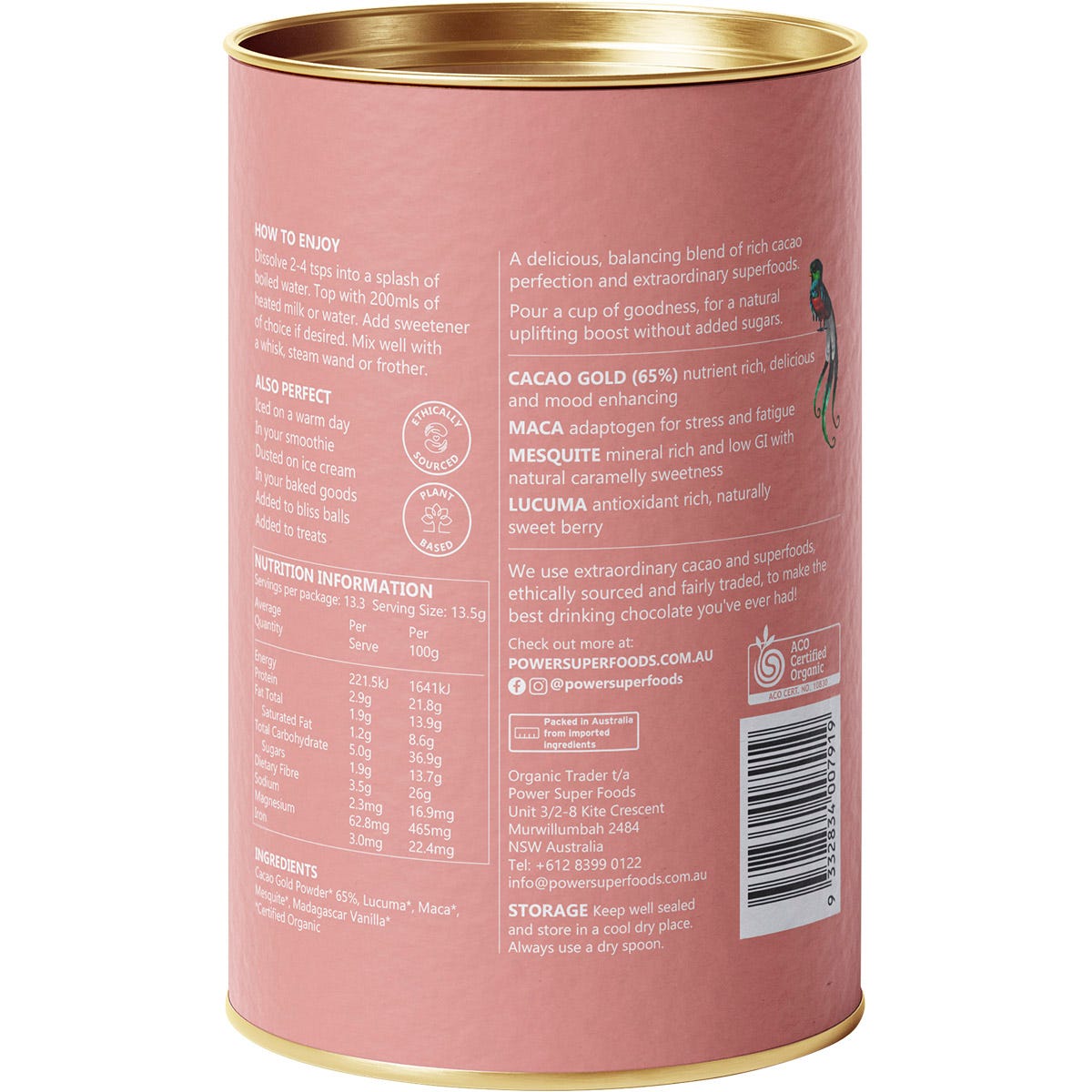 Power Super Foods Nourish Drinking Chocolate 180g tub shown from a side angle on a white background.