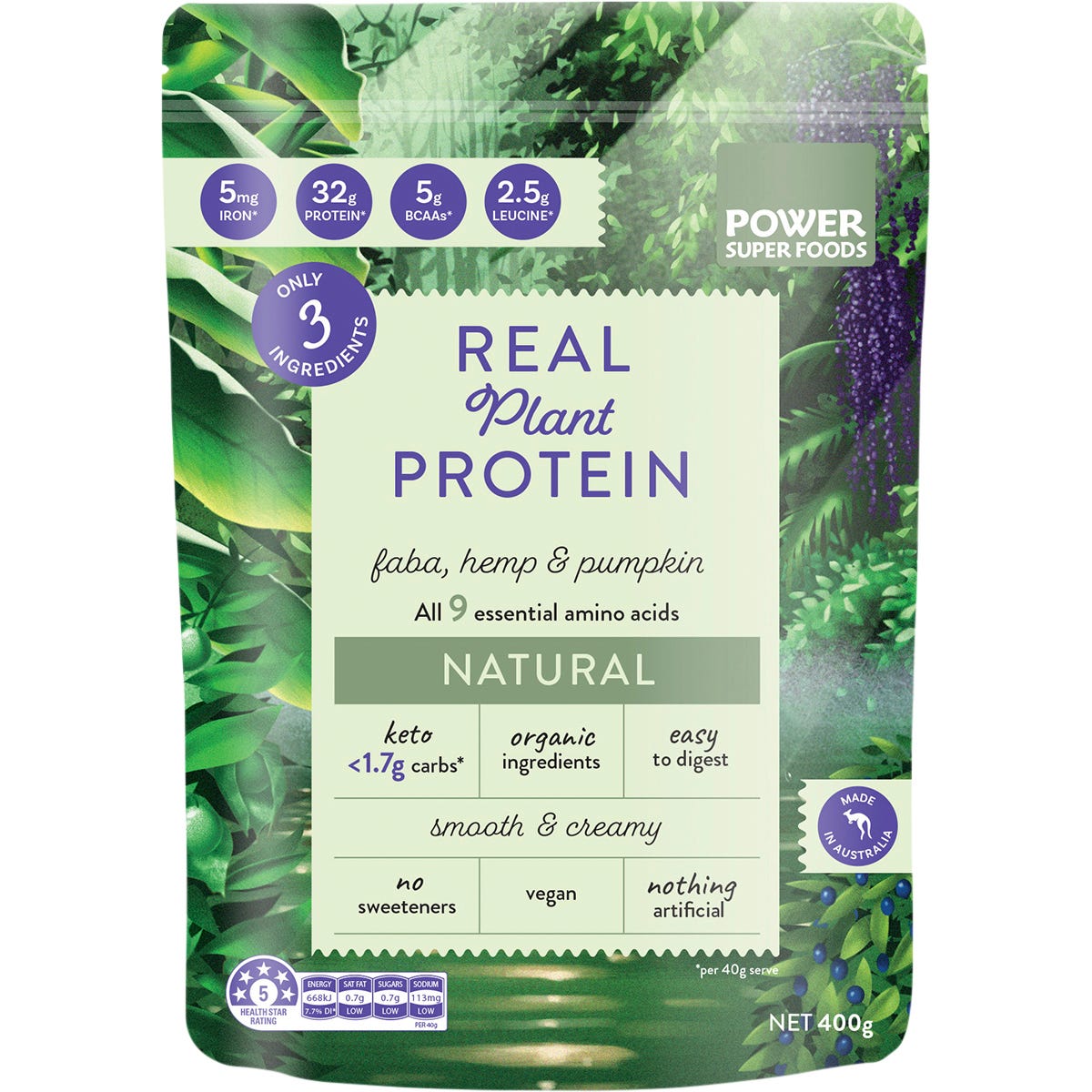 400g tub of Power Super Foods Real Plant Protein Natural with faba bean, hemp, and pumpkin seed on a white background.