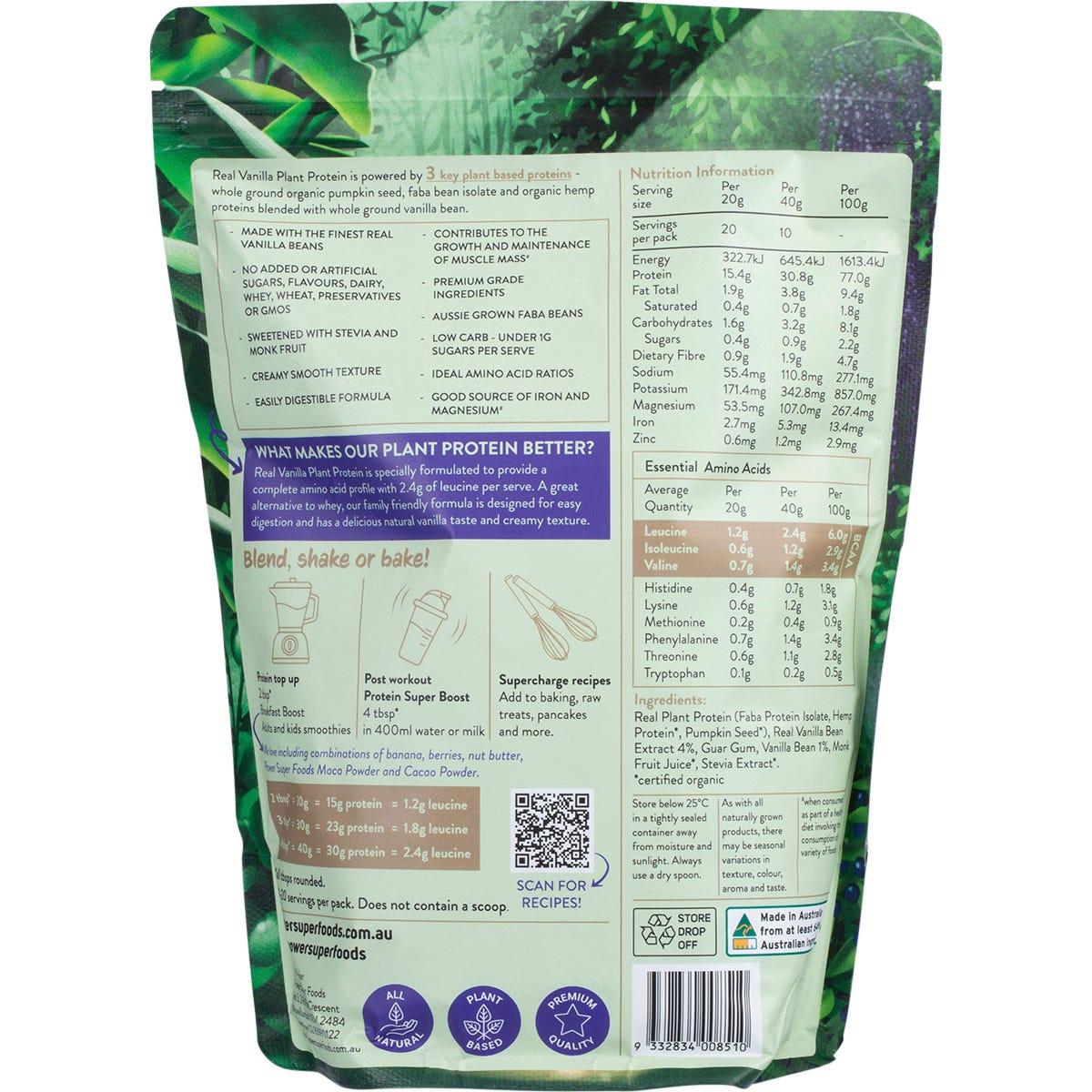 400g tub of Power Super Foods Real Plant Protein Vanilla Bean showing ingredients and organic hemp protein benefits.