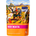 250g bag of Power Super Foods Red Maca Powder featuring a red root illustration on a clean white and red label.