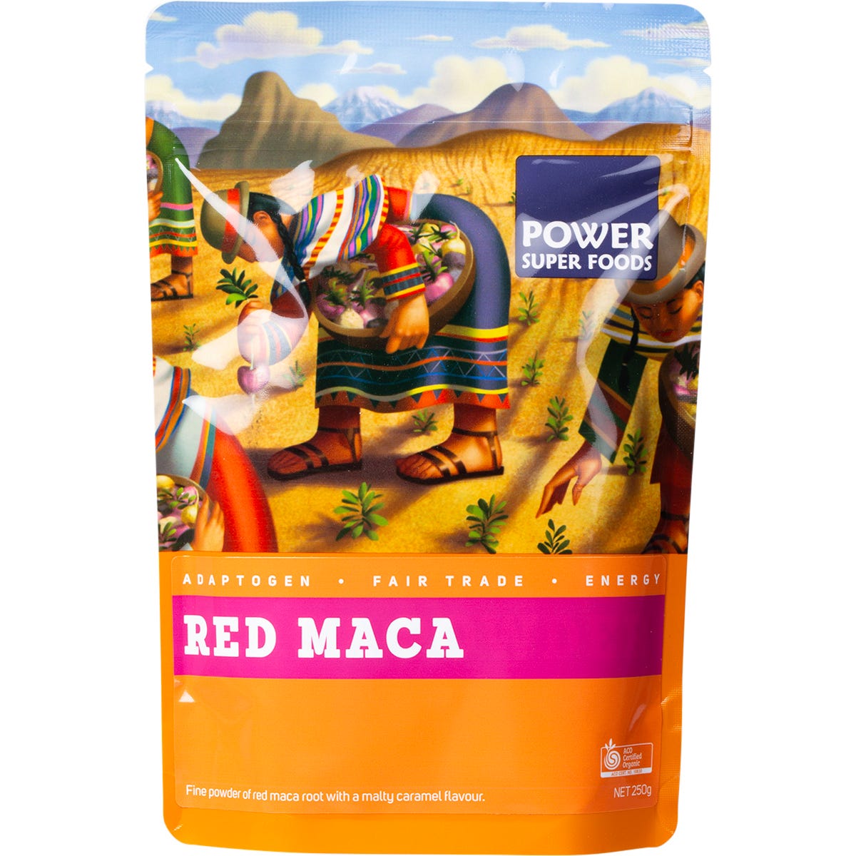 250g bag of Power Super Foods Red Maca Powder featuring a red root illustration on a clean white and red label.