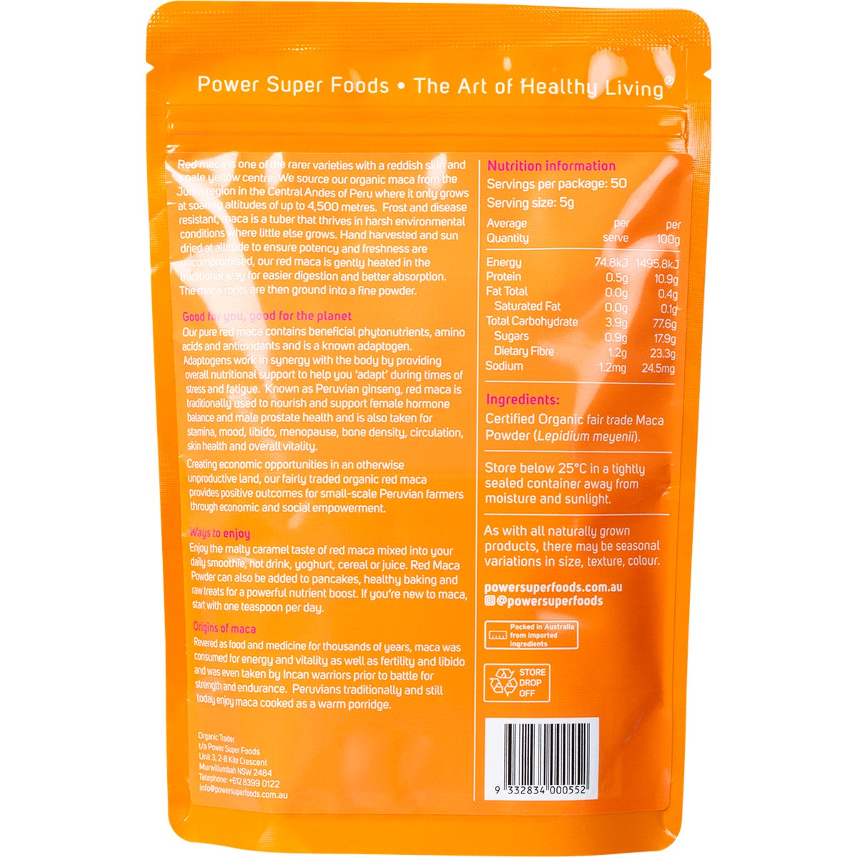 Back of Power Super Foods Red Maca Powder 250g bag showing nutritional information and directions for use.