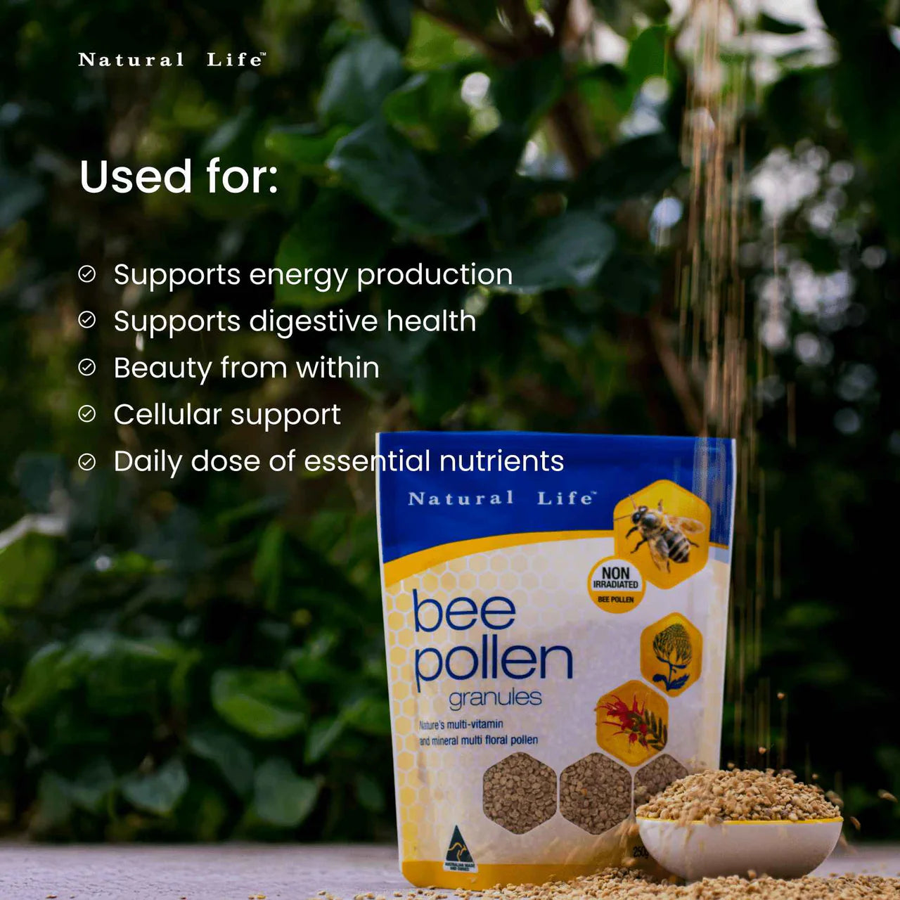 Close-up of multi-colored Natural Life Bee Pollen Granules highlighting their natural texture and floral variety.