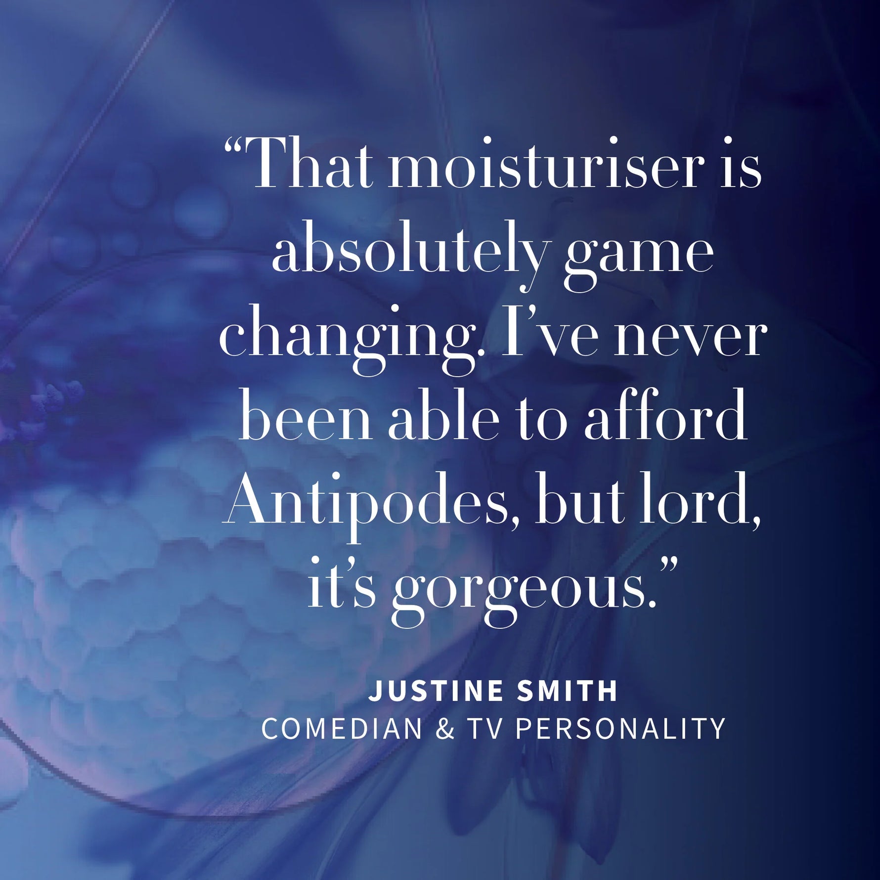 Testimonial graphic for Antipodes Menopause Facial Cream praising its cooling effect and heavenly jasmine scent.