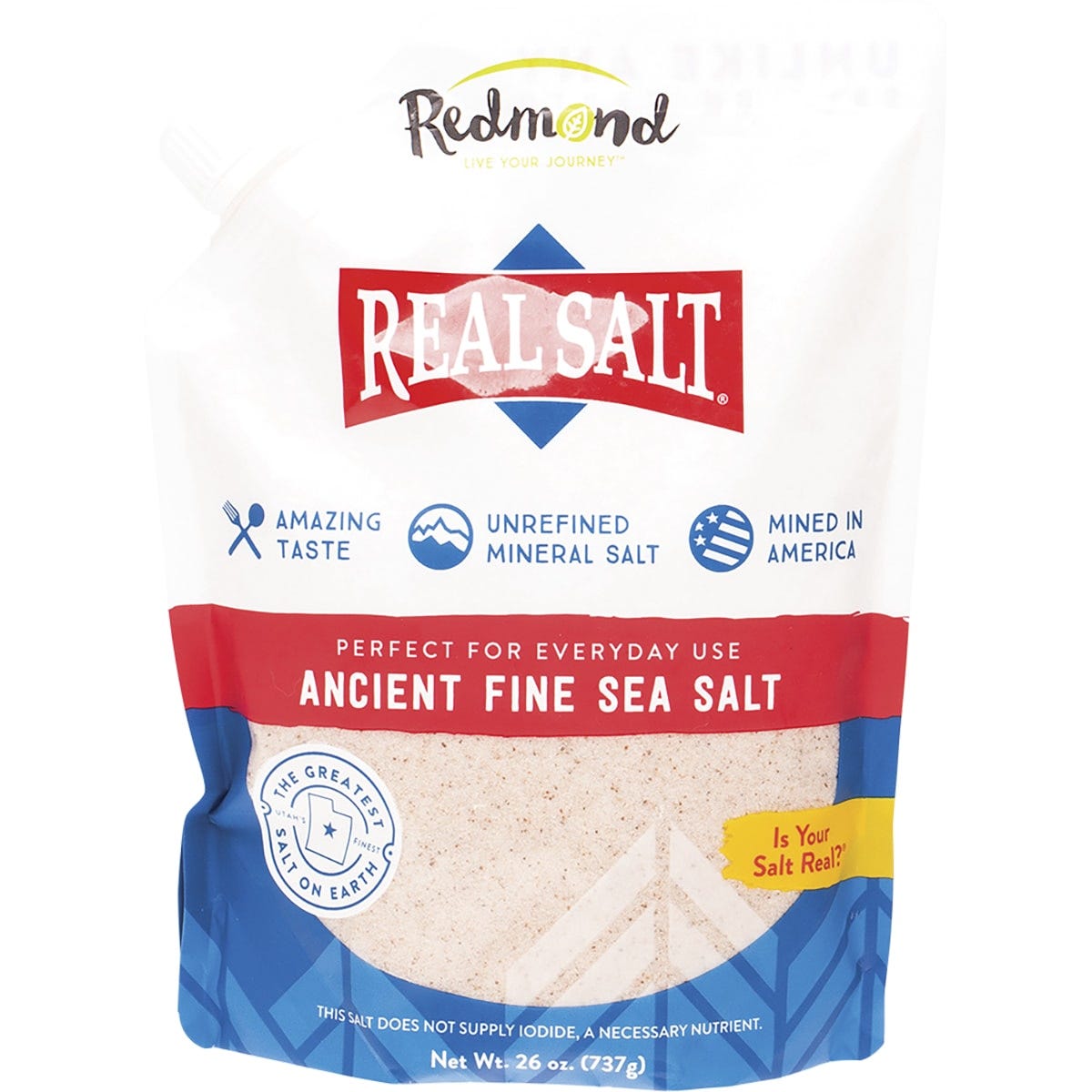 Redmond Real Salt 737g pouch of ancient fine sea salt featuring a pour spout and unrefined mineral salt from Utah.