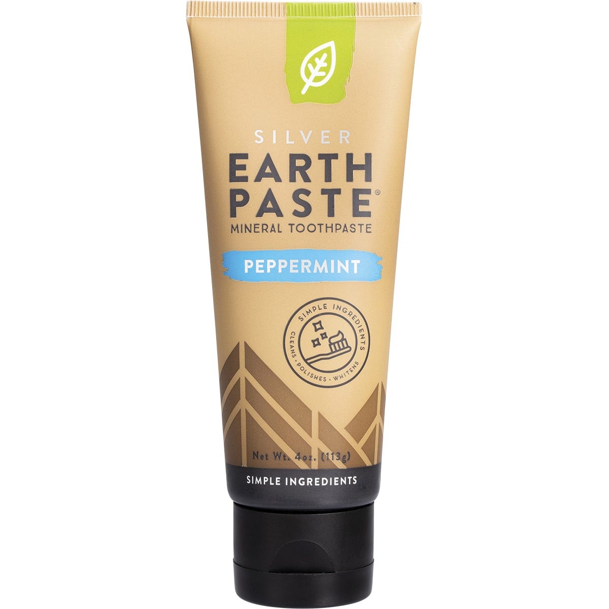 Redmond Earthpaste Silver Peppermint toothpaste tube with a tan and green label on a white background.