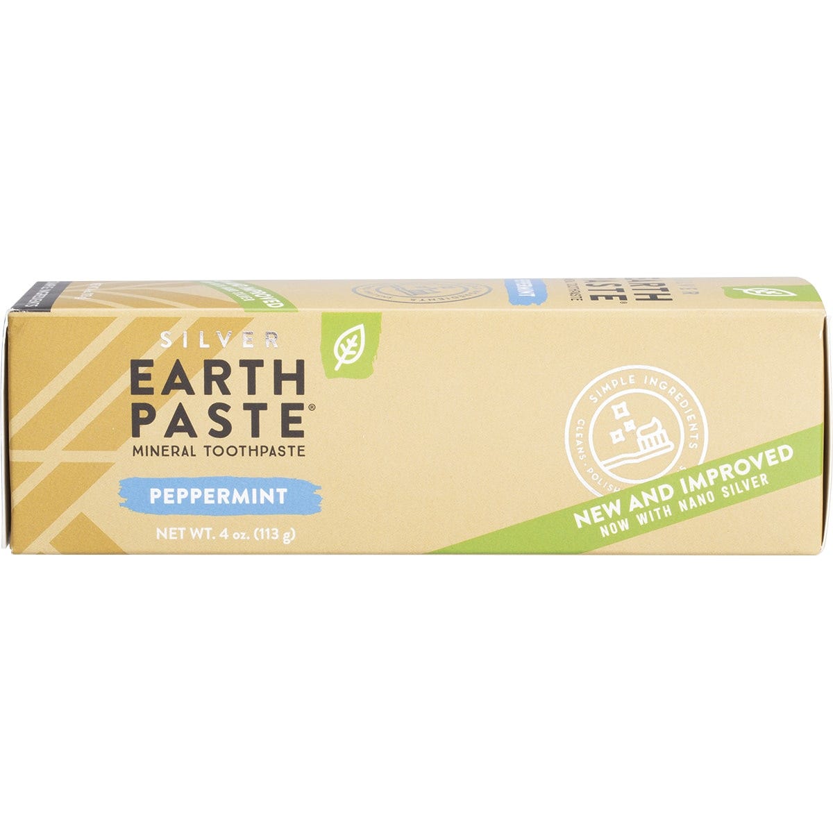 Redmond Earthpaste Peppermint with Silver box featuring simple ingredients and natural benefits on a white background.